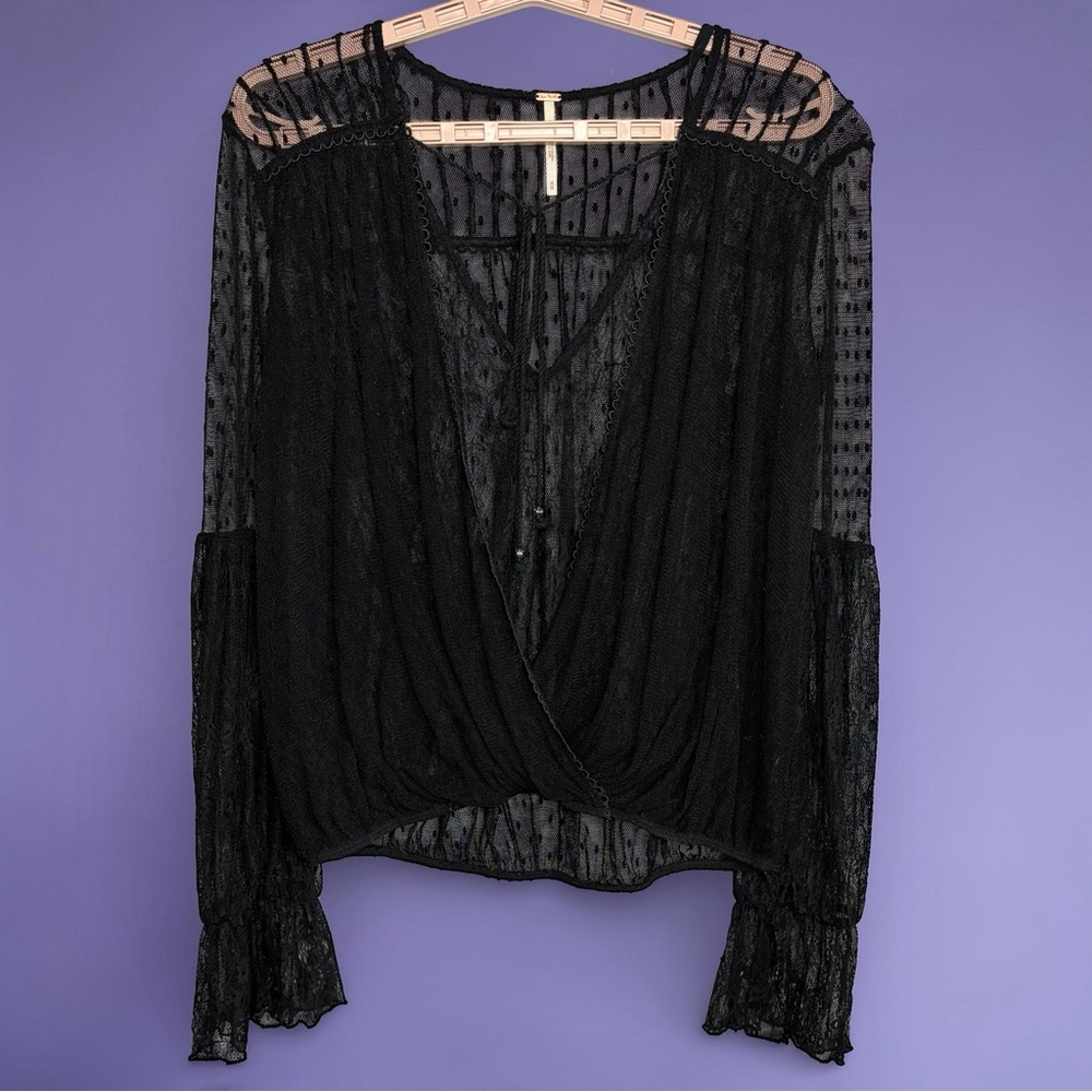 Free People Far Away Too Sz M Lace V Neck Black Boho Hippie Witchy Whimsigoth - Picture 2 of 15